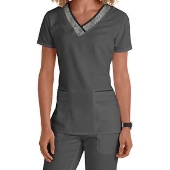 Grey’s Anatomy Active Barco V-Neck Scrub Top XS Graphite Gray Stretch Workwear - Picture 1 of 6
